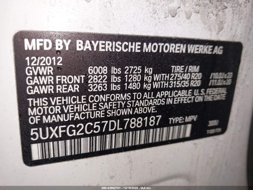 2013 BMW X6 xDrive35I VIN: 5UXFG2C57DL788187 Lot: 43962781