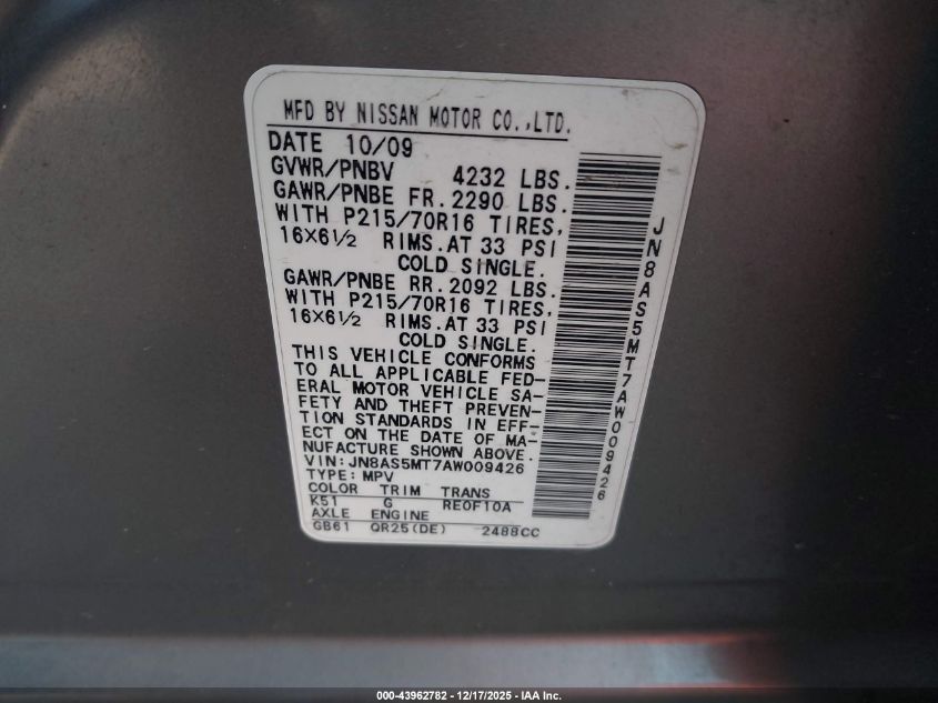 2010 Nissan Rogue S VIN: JN8AS5MT7AW009426 Lot: 43962782