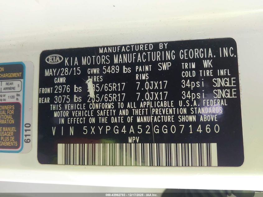 2016 Kia Sorento 3.3L Lx VIN: 5XYPG4A52GG071460 Lot: 43962783