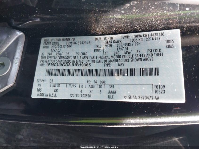 2018 Ford Escape Se VIN: 1FMCU0GD8JUB19365 Lot: 43962785