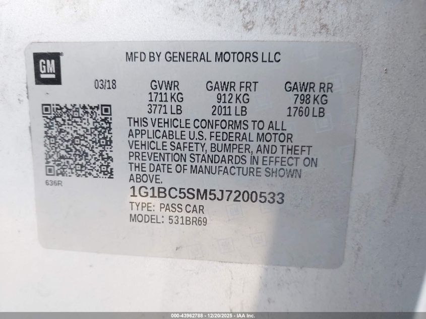 2018 Chevrolet Cruze Ls Auto VIN: 1G1BC5SM5J7200533 Lot: 43962788