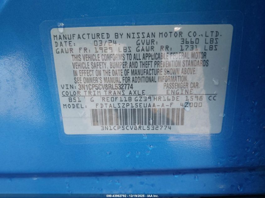 2024 Nissan Kicks Sv Xtronic Cvt VIN: 3N1CP5CV8RL532774 Lot: 43962792