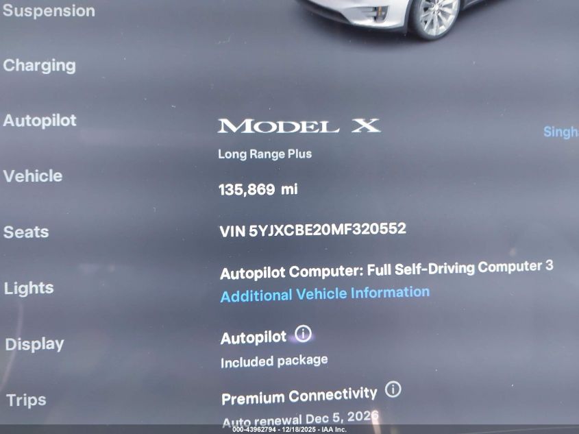 2021 Tesla Model X Long Range Dual Motor All-Wheel Drive/Long Range Plus Dual Motor All-Wheel Drive VIN: 5YJXCBE20MF320552 Lot: 43962794