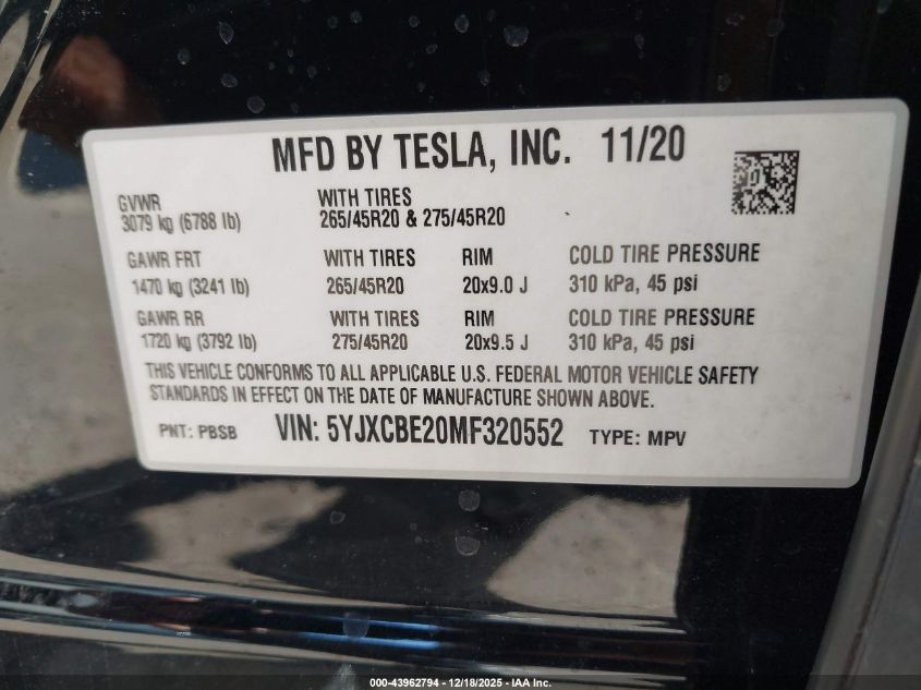 2021 Tesla Model X Long Range Dual Motor All-Wheel Drive/Long Range Plus Dual Motor All-Wheel Drive VIN: 5YJXCBE20MF320552 Lot: 43962794
