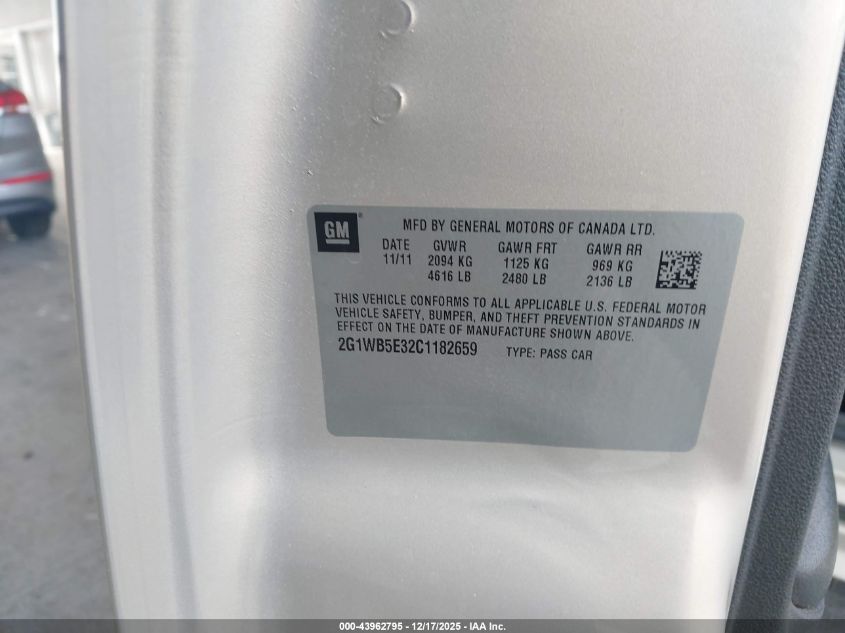 2012 Chevrolet Impala Lt VIN: 2G1WB5E32C1182659 Lot: 43962795