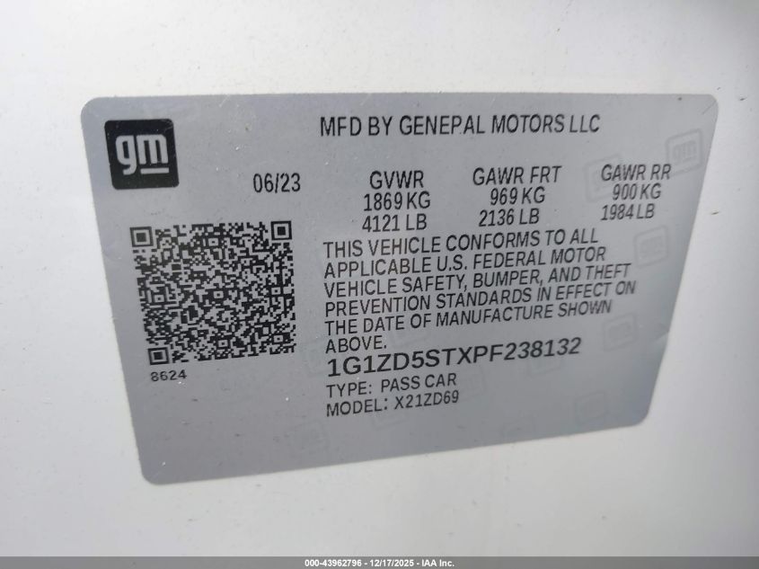 2023 Chevrolet Malibu Fwd 1Lt VIN: 1G1ZD5STXPF238132 Lot: 43962796