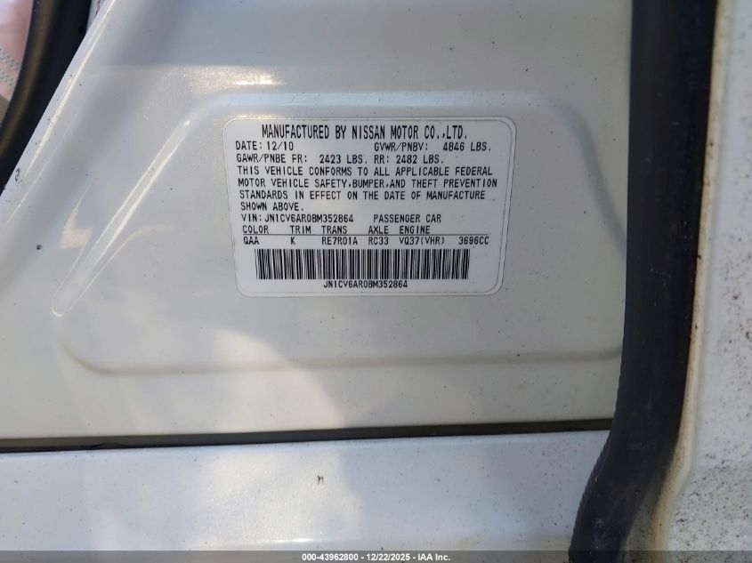 2011 Infiniti G37X VIN: JN1CV6AR0BM352864 Lot: 43962800