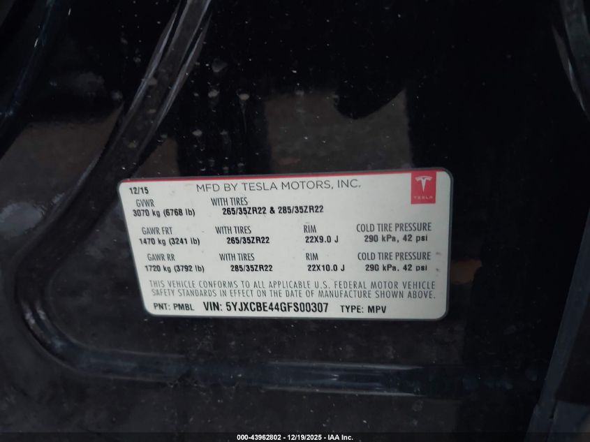 2016 Tesla Model X 75D/P100D/P90D VIN: 5YJXCBE44GFS00307 Lot: 43962802