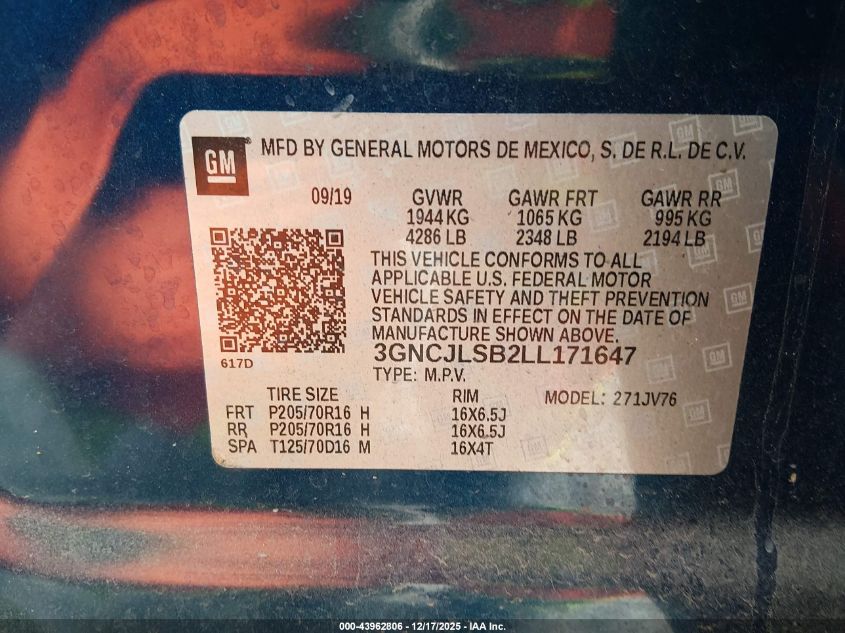 2020 Chevrolet Trax Fwd Lt VIN: 3GNCJLSB2LL171647 Lot: 43962806