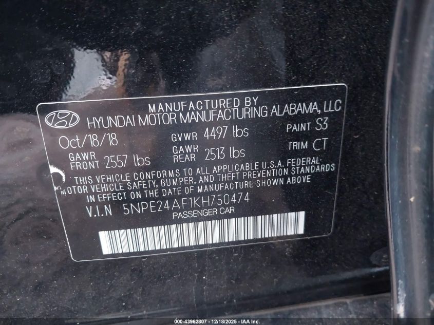 2019 Hyundai Sonata Se VIN: 5NPE24AF1KH750474 Lot: 43962807