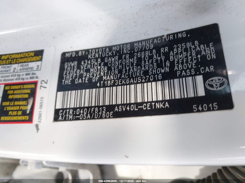 2010 Toyota Camry Le VIN: 4T1BF3EK6AU527016 Lot: 43962808