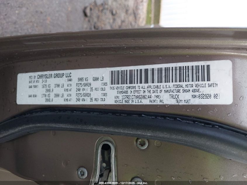 2010 Dodge Ram 1500 Slt/Sport/Trx VIN: 1D7RB1CTXAS206144 Lot: 43962809