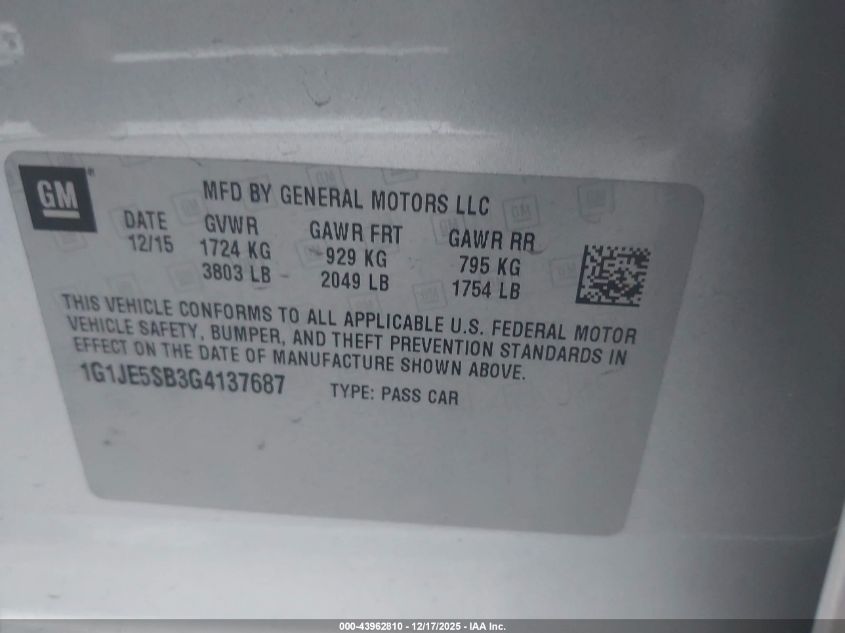 2016 Chevrolet Sonic Ltz Auto VIN: 1G1JE5SB3G4137687 Lot: 43962810