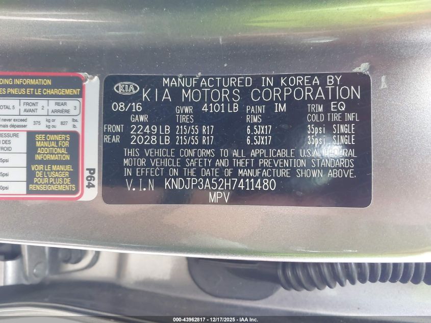 2017 Kia Soul + VIN: KNDJP3A52H7411480 Lot: 43962817