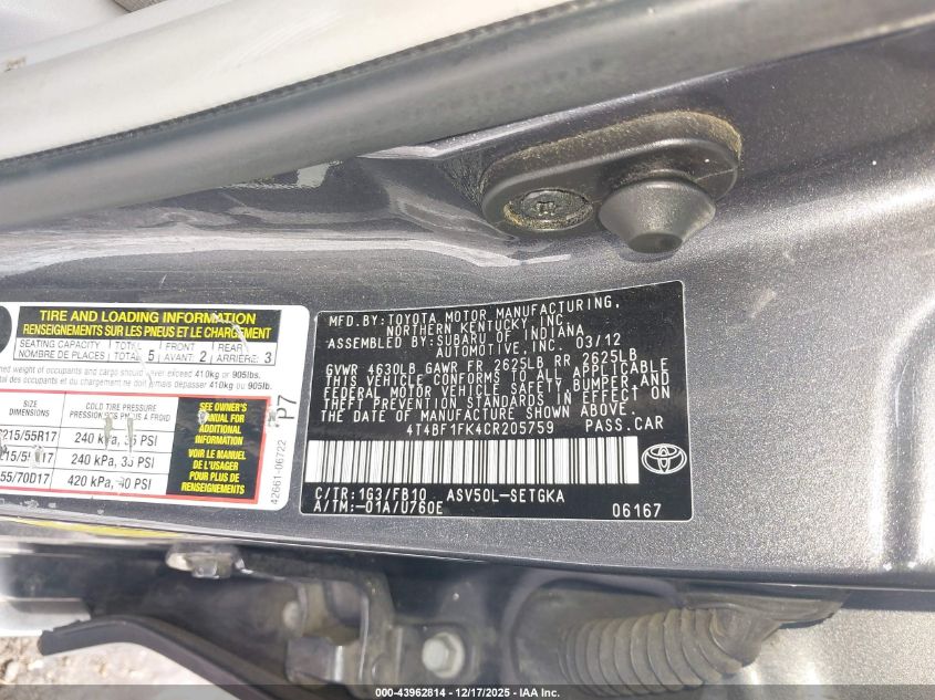 2012 Toyota Camry Xle VIN: 4T4BF1FK4CR205759 Lot: 43962814