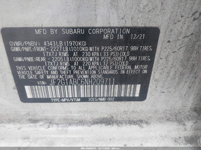 2022 Subaru Crosstrek VIN: JF2GTABC6NH209711 Lot: 43962819