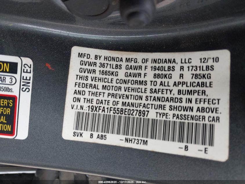2011 Honda Civic Lx VIN: 19XFA1F55BE027897 Lot: 43962820