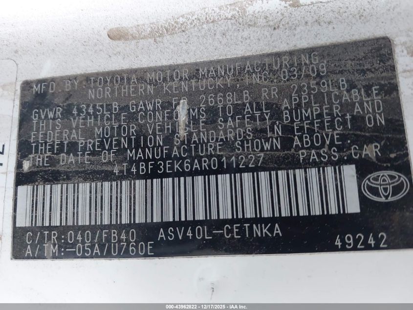 2010 Toyota Camry Le VIN: 4T4BF3EK6AR011227 Lot: 43962822