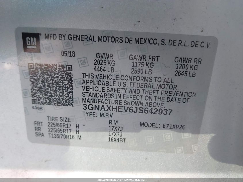 2018 Chevrolet Equinox Ls VIN: 3GNAXHEV6JS642937 Lot: 43962826