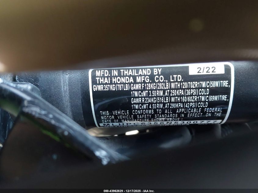 2022 Honda Cb500 Fa VIN: MLHPC6356N5300777 Lot: 43962829