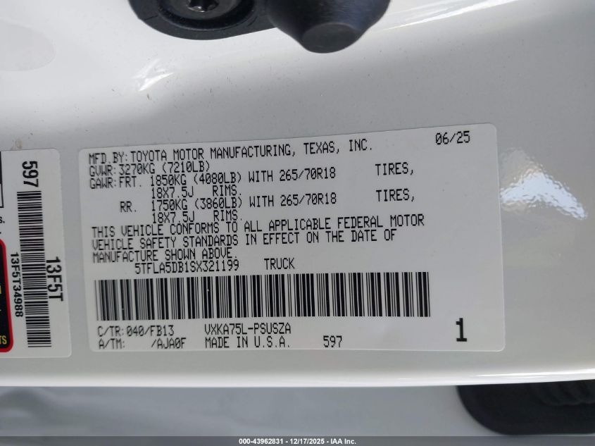 2025 Toyota Tundra Sr5 VIN: 5TFLA5DB1SX321199 Lot: 43962831