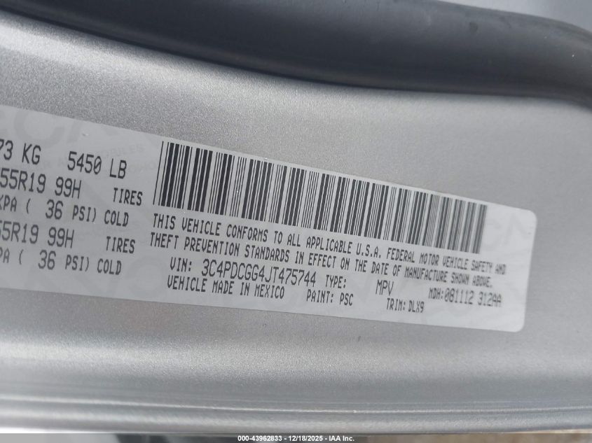 2018 Dodge Journey Crossroad VIN: 3C4PDCGG4JT475744 Lot: 43962833