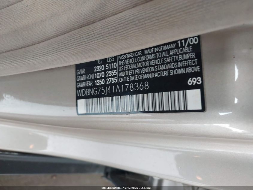 2001 Mercedes-Benz S 500 VIN: WDBNG75J41A178368 Lot: 43962834