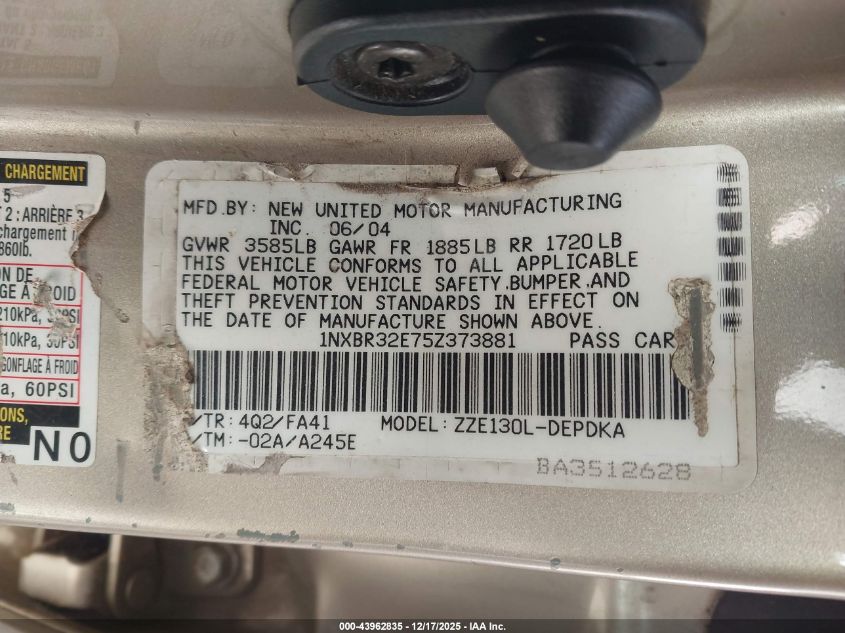 2005 Toyota Corolla Ce VIN: 1NXBR32E75Z373881 Lot: 43962835