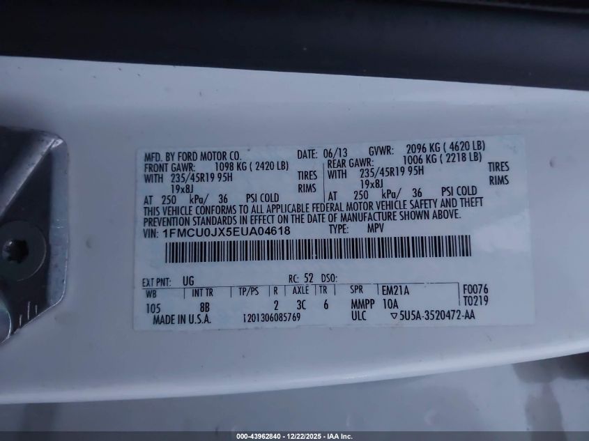 2014 Ford Escape Titanium VIN: 1FMCU0JX5EUA04618 Lot: 43962840