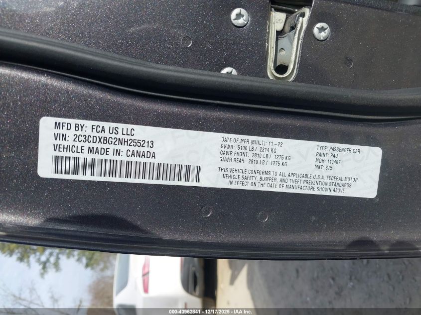 2022 Dodge Charger Sxt Rwd VIN: 2C3CDXBG2NH255213 Lot: 43962841