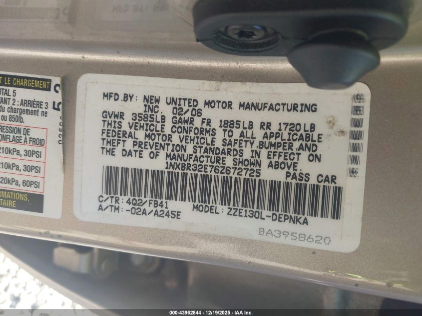 2006 Toyota Corolla Le VIN: 1NXBR32E76Z672725 Lot: 43962844