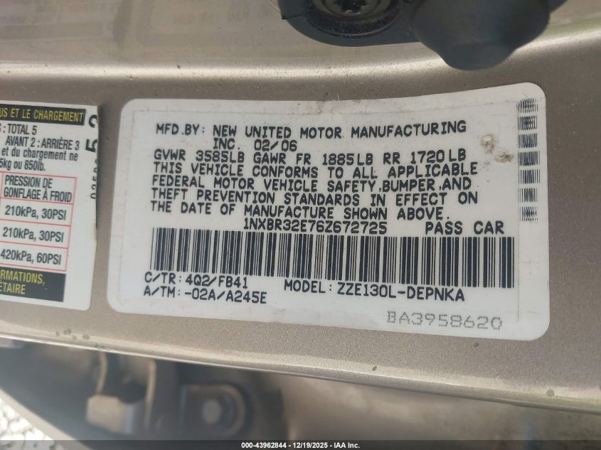 2006 Toyota Corolla Le VIN: 1NXBR32E76Z672725 Lot: 43962844