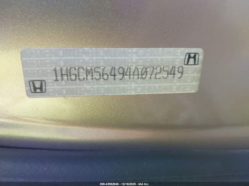 2004 Honda Accord 2.4 Lx VIN: 1HGCM56494A072549 Lot: 43962846