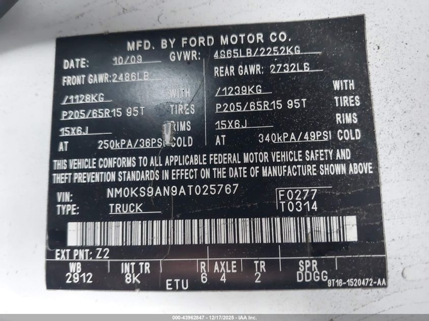 2010 Ford Transit Connect Xl VIN: NM0KS9AN9AT025767 Lot: 43962847