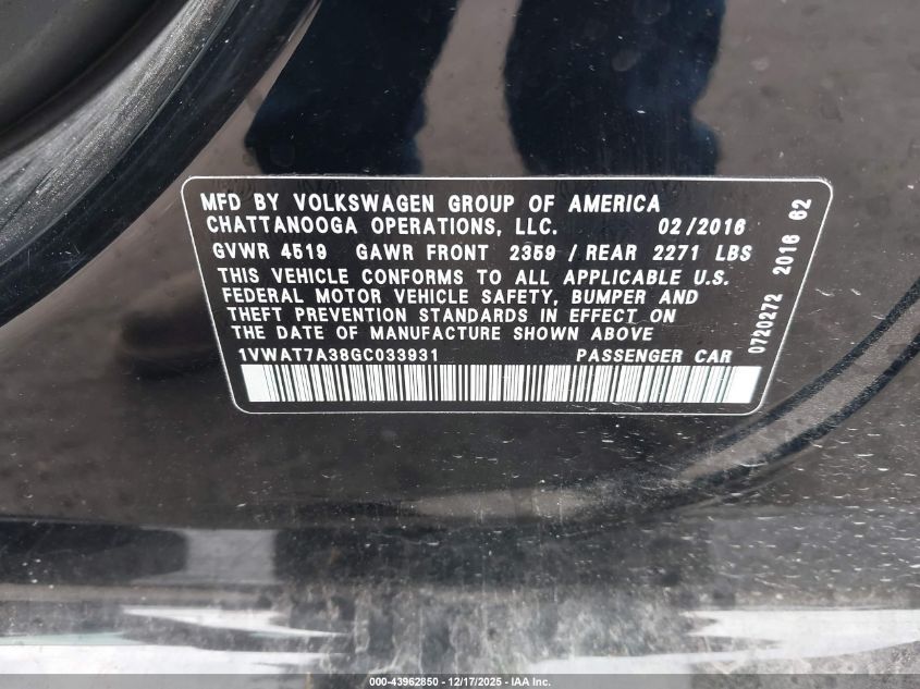 2016 Volkswagen Passat 1.8T R-Line VIN: 1VWAT7A38GC033931 Lot: 43962850