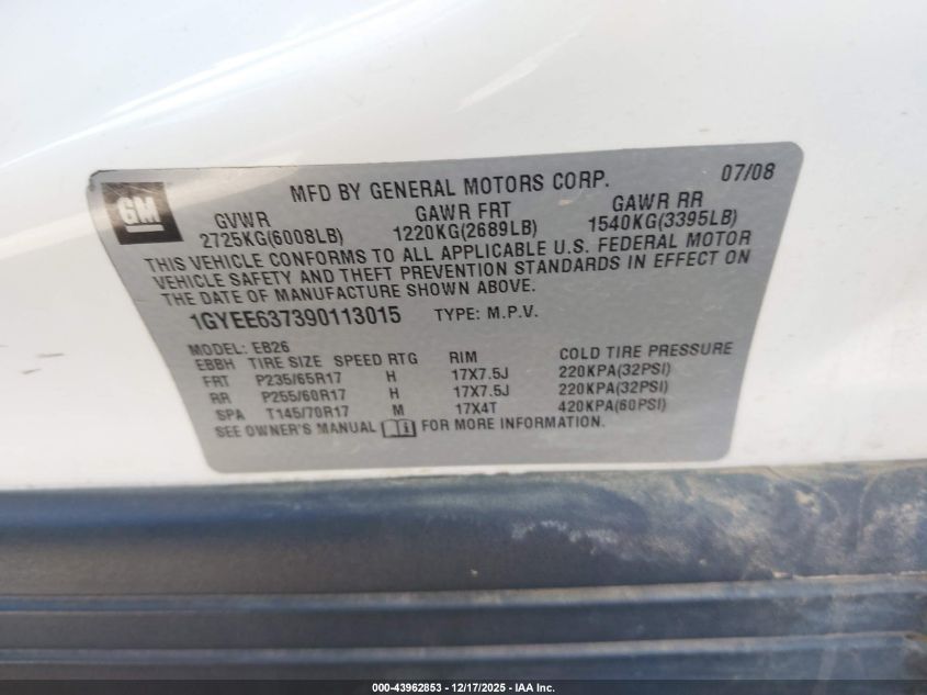 2009 Cadillac Srx V6 VIN: 1GYEE637390113015 Lot: 43962853