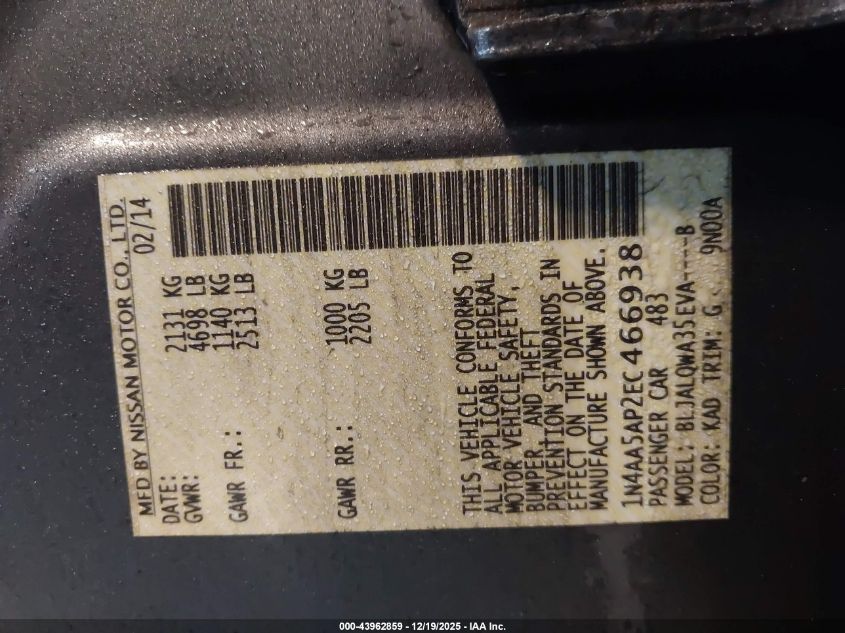 2014 Nissan Maxima 3.5 S VIN: 1N4AA5AP2EC466938 Lot: 43962859