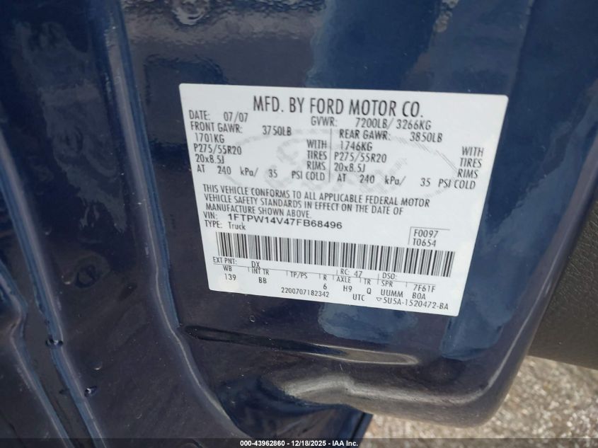 2007 Ford F-150 Fx4/Lariat/Xlt VIN: 1FTPW14V47FB68496 Lot: 43962860