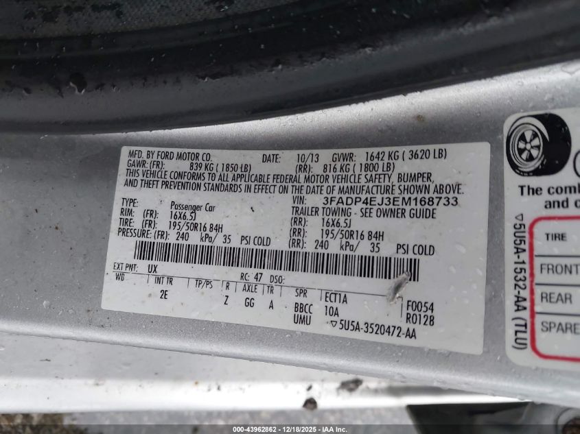 2014 Ford Fiesta Se VIN: 3FADP4EJ3EM168733 Lot: 43962862