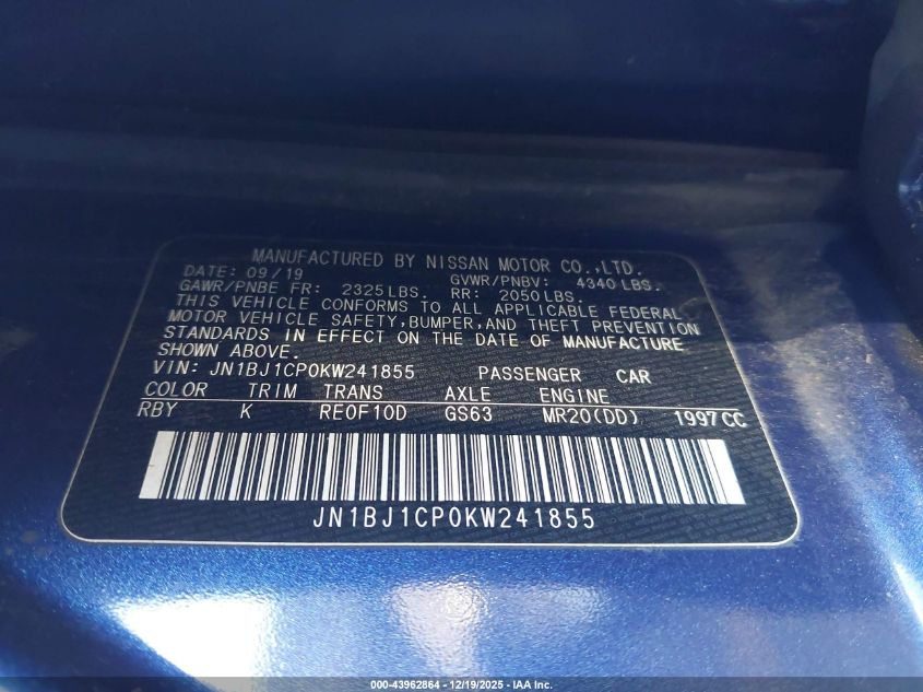 2019 Nissan Rogue Sport Sv VIN: JN1BJ1CP0KW241855 Lot: 43962864