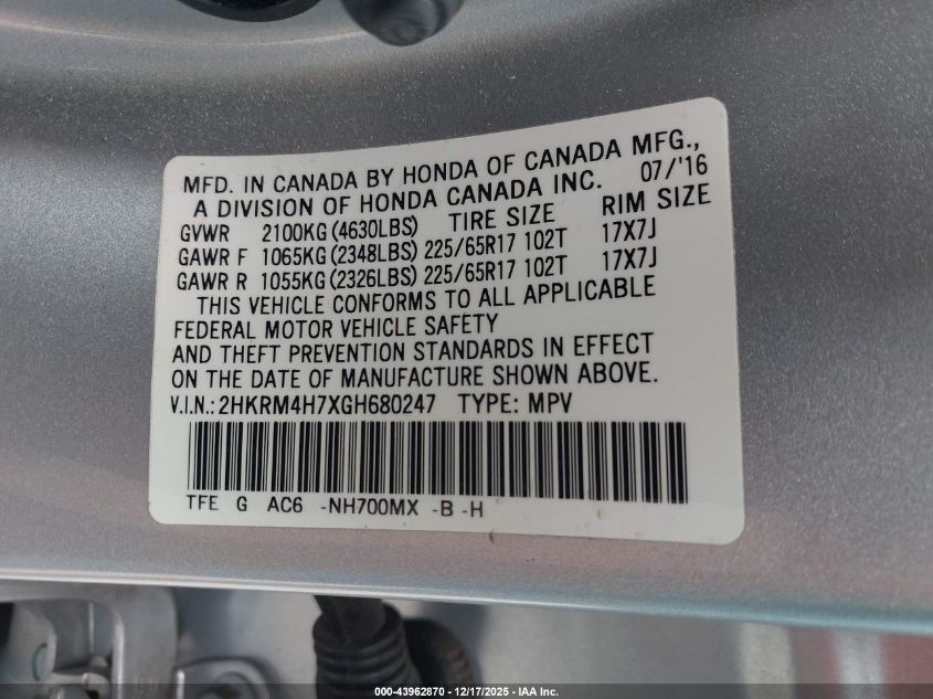 2016 Honda Cr-V Ex-L VIN: 2HKRM4H7XGH680247 Lot: 43962870