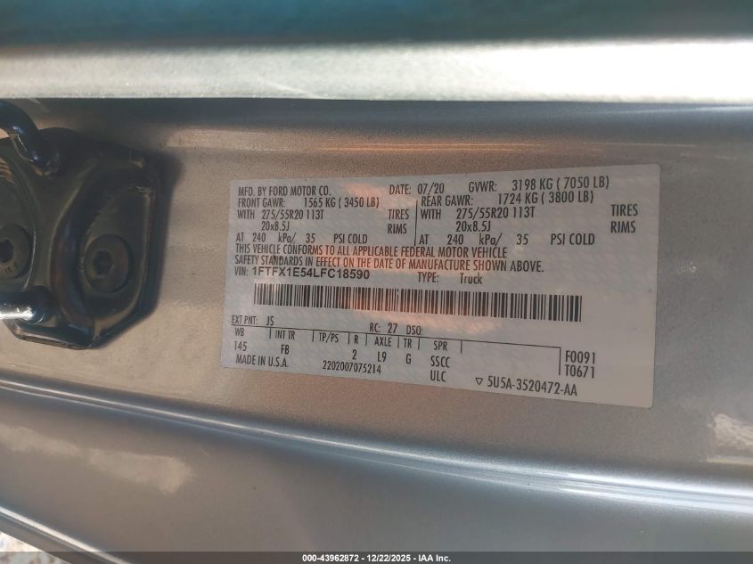 2020 Ford F-150 Xlt VIN: 1FTFX1E54LFC18590 Lot: 43962872