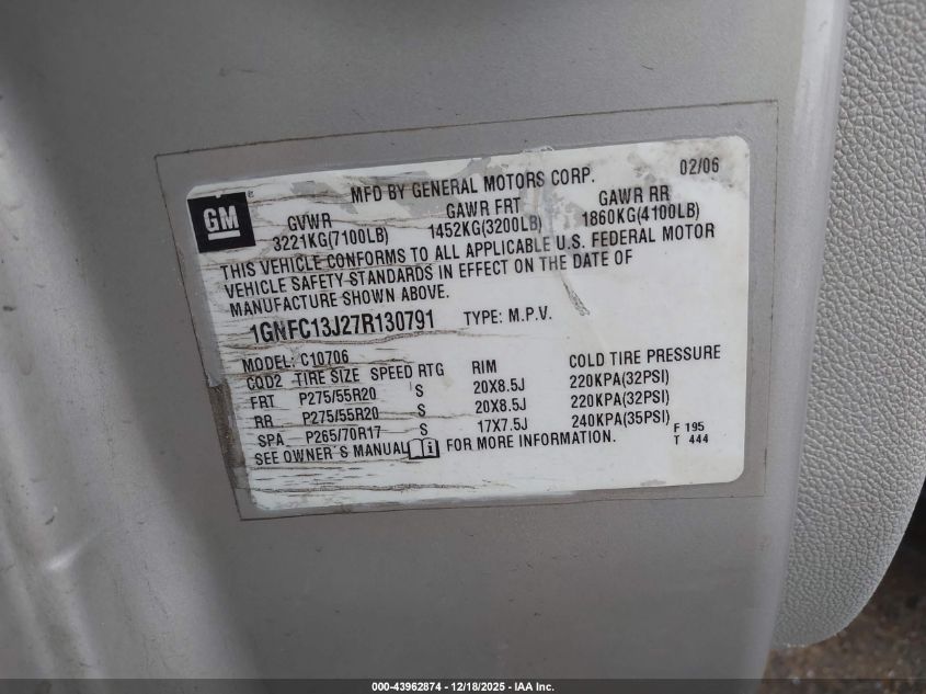 2007 Chevrolet Tahoe Lt VIN: 1GNFC13J27R130791 Lot: 43962874