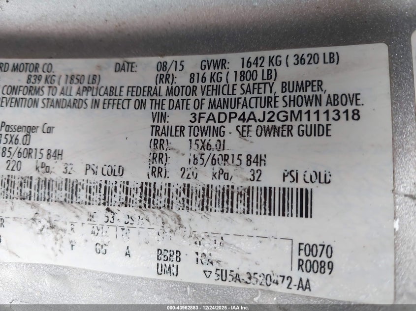 2016 Ford Fiesta S VIN: 3FADP4AJ2GM111318 Lot: 43962883