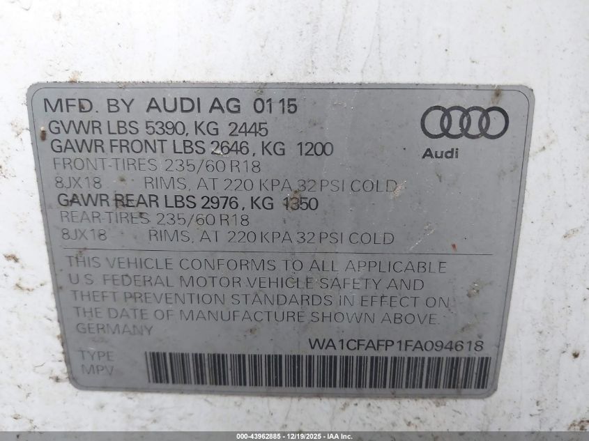 2015 Audi Q5 2.0T Premium VIN: WA1CFAFP1FA094618 Lot: 43962885