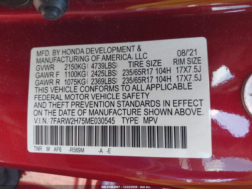 2021 Honda Cr-V Awd Special Edition VIN: 7FARW2H75ME030545 Lot: 43962887