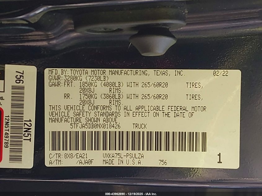 2022 Toyota Tundra Limited VIN: 5TFJA5DB0NX018426 Lot: 43962890