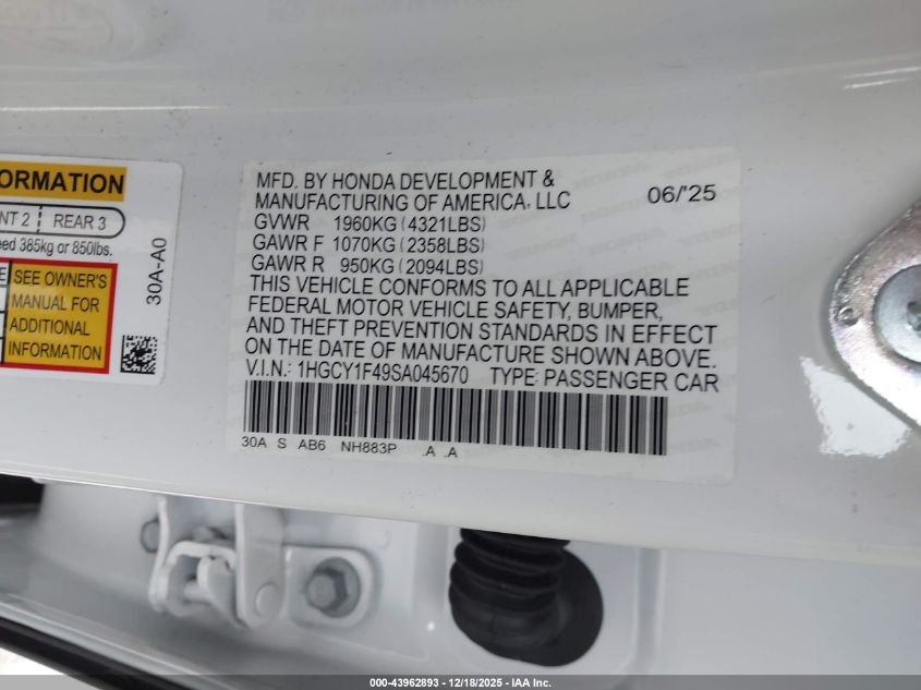 2025 Honda Accord Se VIN: 1HGCY1F49SA045670 Lot: 43962893