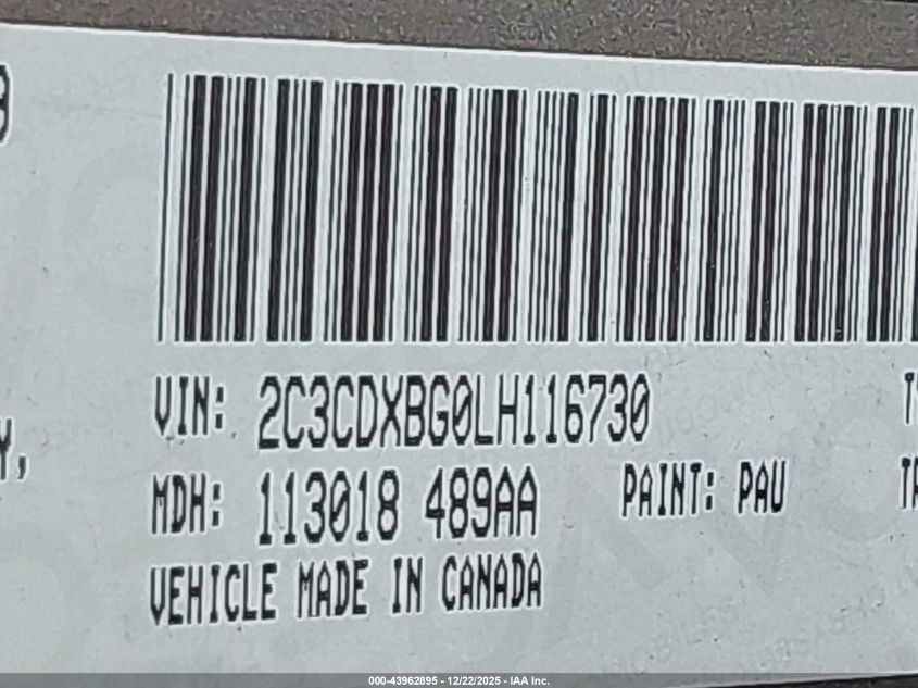2020 Dodge Charger Sxt Rwd VIN: 2C3CDXBG0LH116730 Lot: 43962895