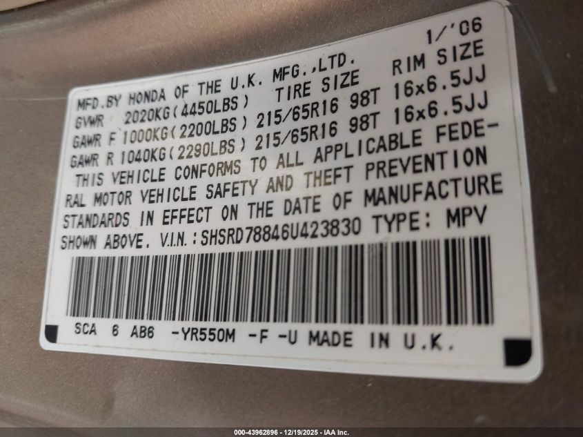 2006 Honda Cr-V Ex VIN: SHSRD78846U423830 Lot: 43962896